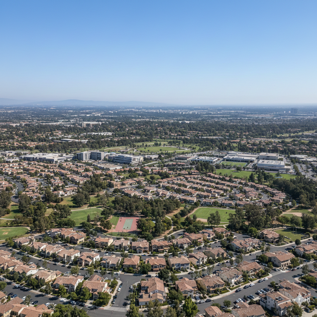 Aerial view of a suburban neighborhood with rows of houses and red tile roofs and parks. In the distance, a city skyline.