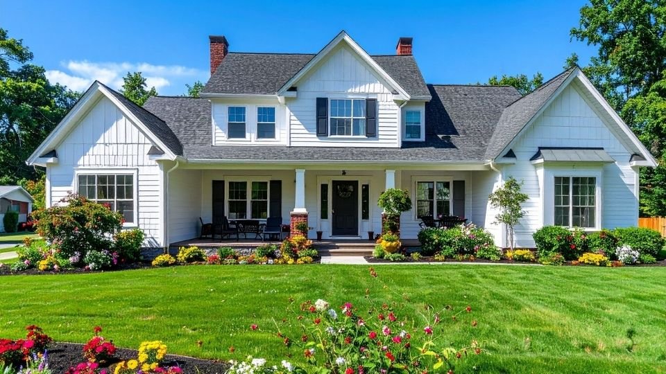 White two-story California house with a dark gray roof, well-maintained lawn, and colorful flowers.