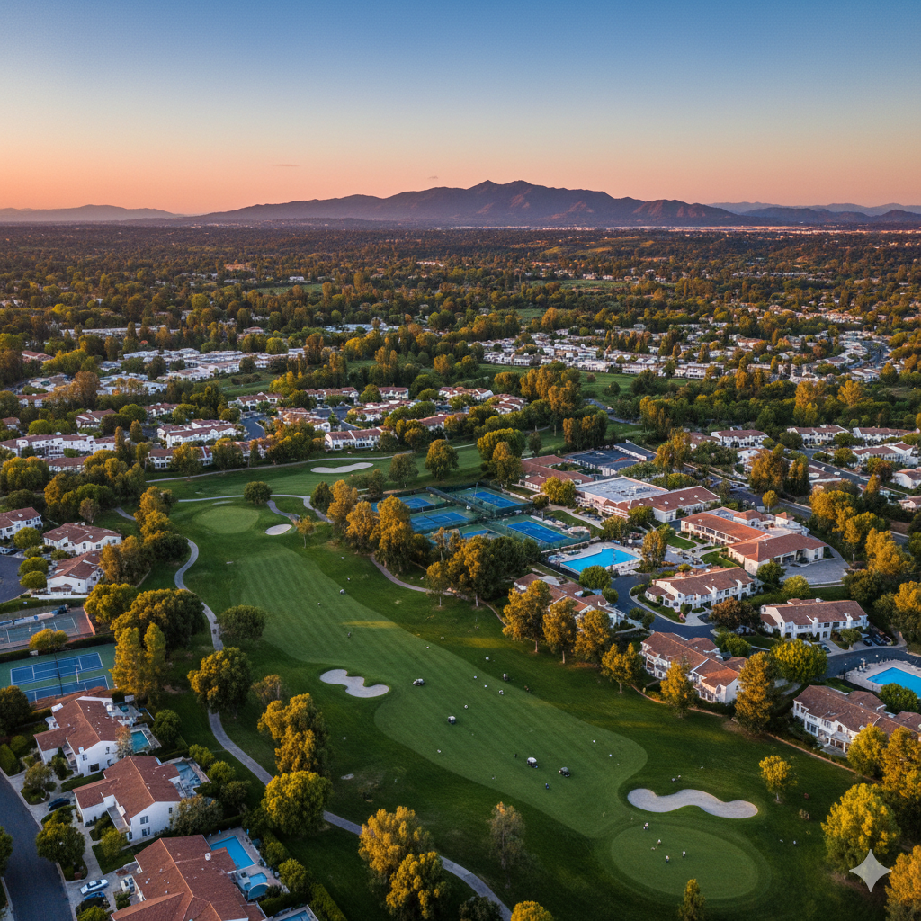 Aerial view of a California residential neighborhood at sunset with a central lake and rolling hills.