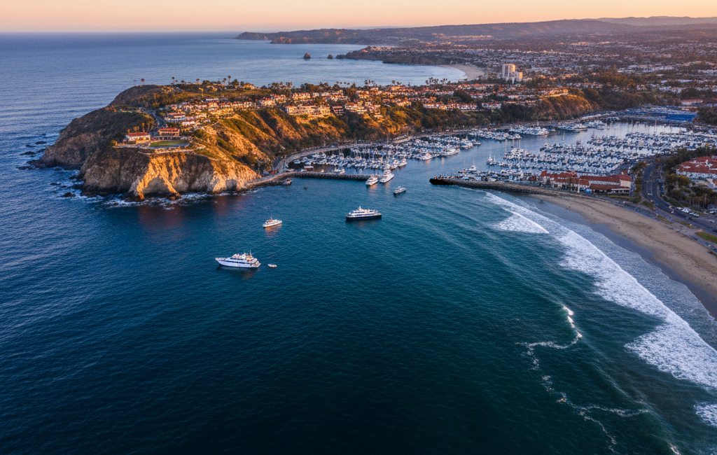 Aerial view of a California at sunset with boats in the harbor, cliffs, and a sandy beach.