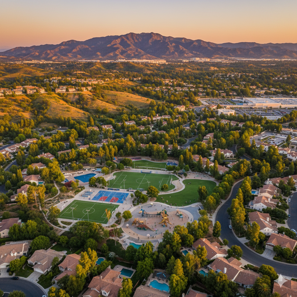 Aerial view of a California residential neighborhood at sunset with green parks, sports fields, and a mountain.