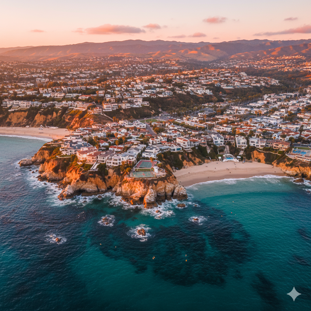Aerial view of a California coastal town at sunset with rocky cliffs, sandy beaches, and a turquoise ocean.