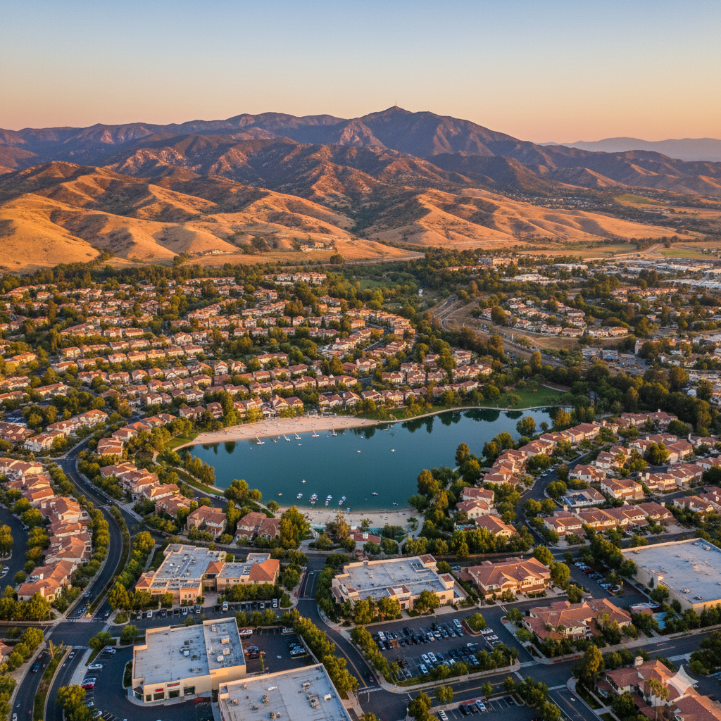 Aerial view of a California residential neighborhood with a central lake, rows of houses, and rolling hills in the background.