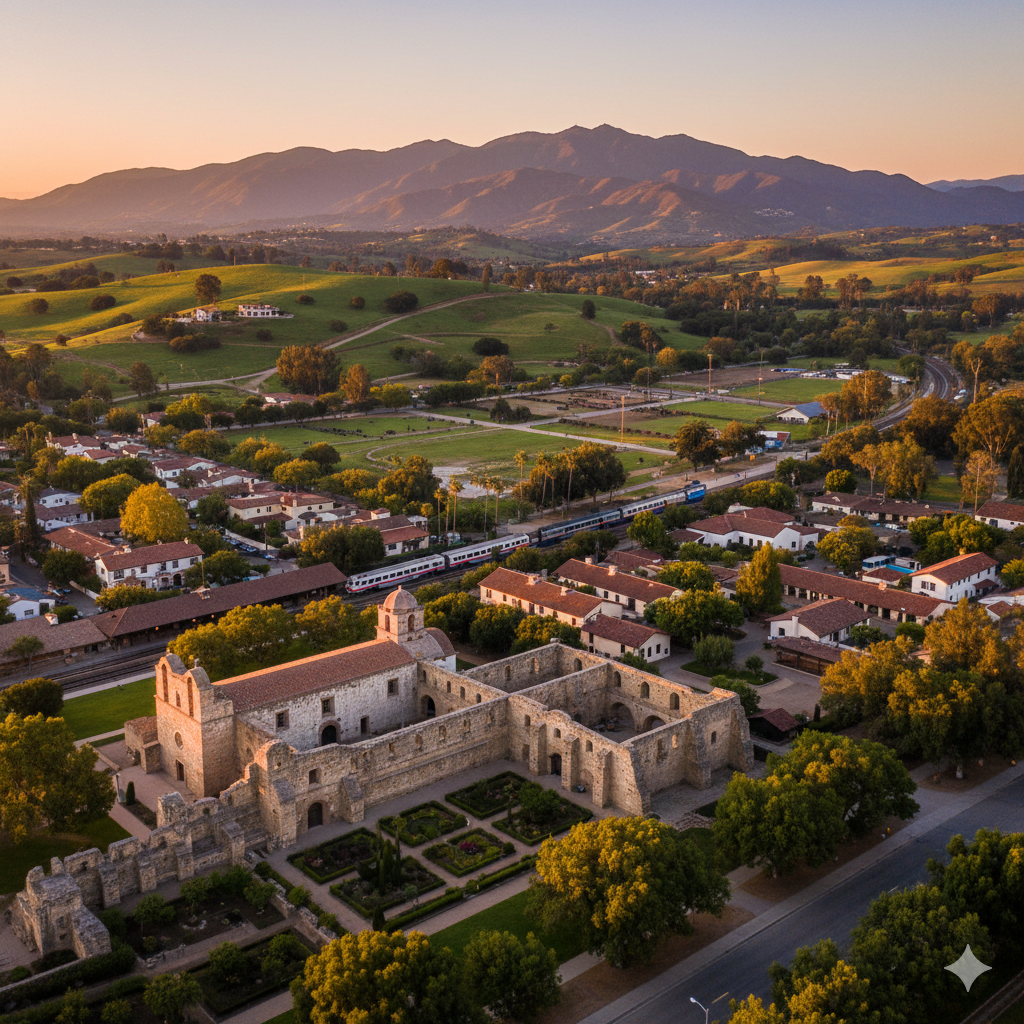Aerial view of a California historic stone with gardens, a passing train, and a mountain at sunset.