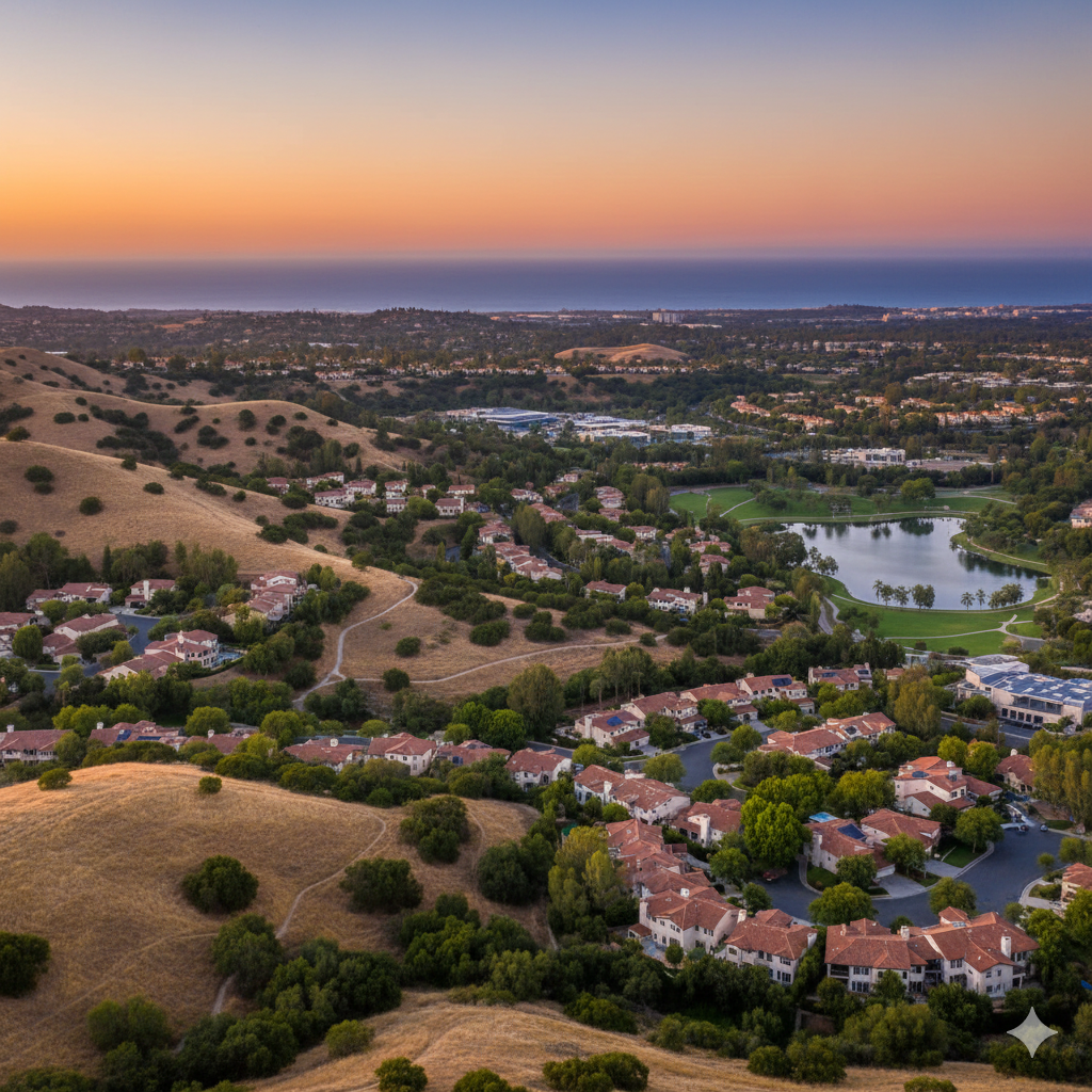 Aerial view of a California residential neighborhood at sunset with red-roofed houses, a central lake, and hills.