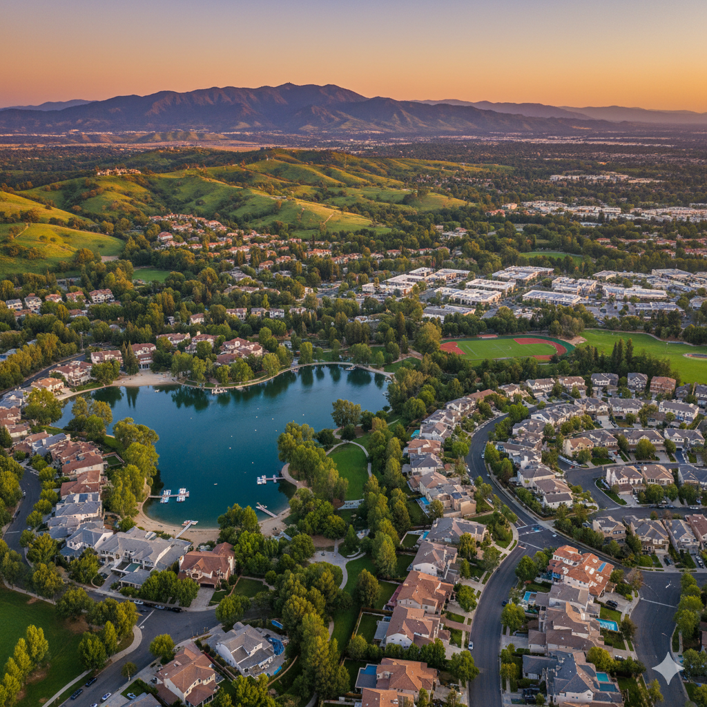 Aerial view of a California residential neighborhood at sunset with a heart-shaped lake, rows of houses, and green hills.