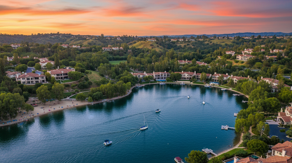 Aerial view of a California residential neighborhood at sunset with a central lake, sailboats.