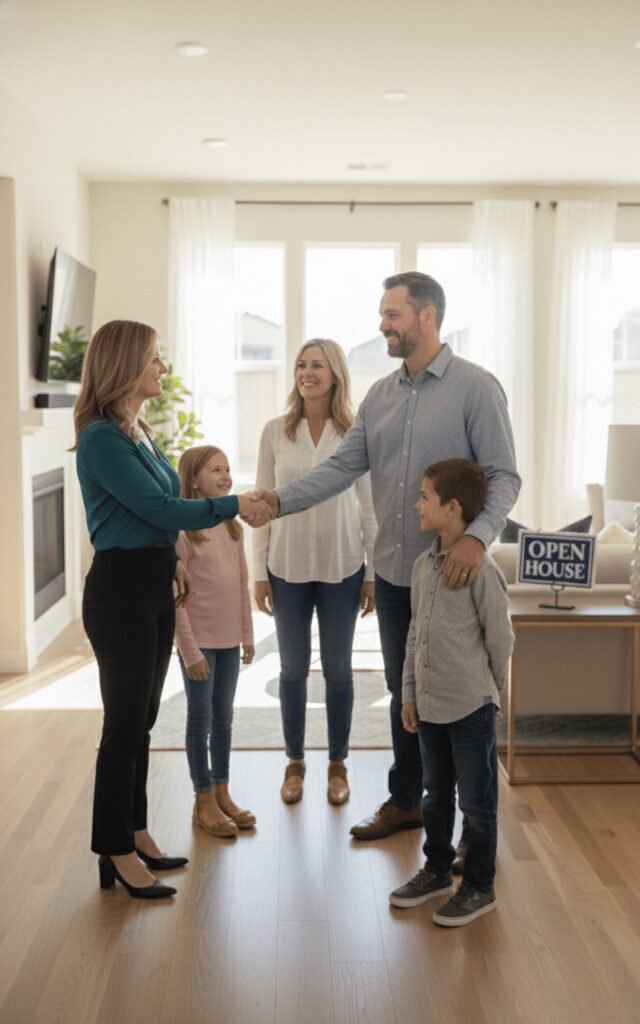 Stefani is shaking hands with a man in a California living room with an "Open House" sign, a woman, and two children.